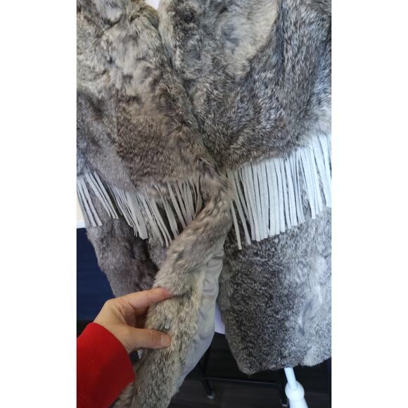 Vtg Rabbit Fur w/leather Fringe gray bomber jacket Western Chic 80s size small - Picture 5 of 11
